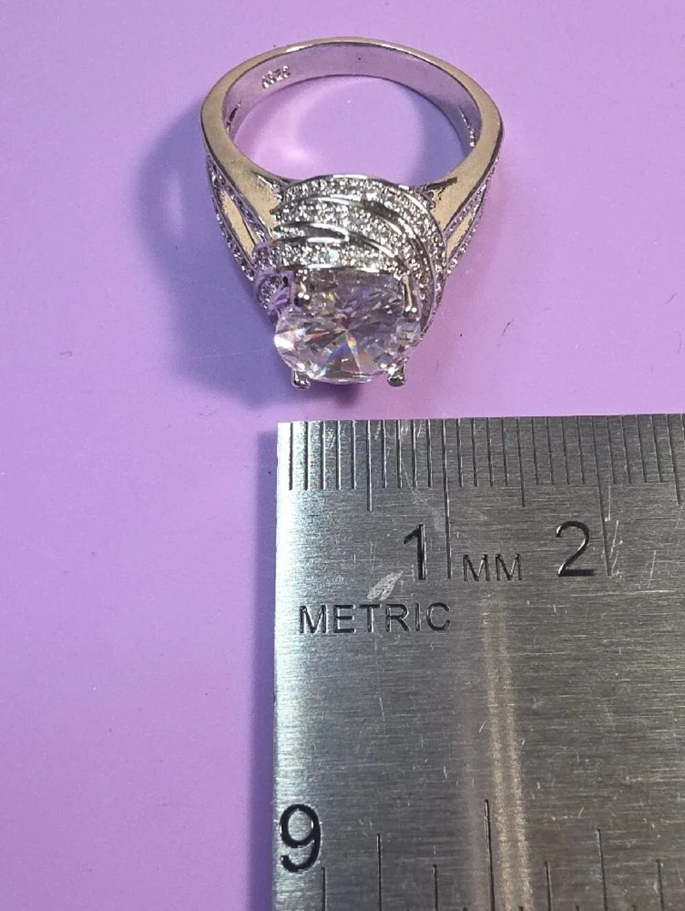Silver Halo Ring with Large White Cubic Stone